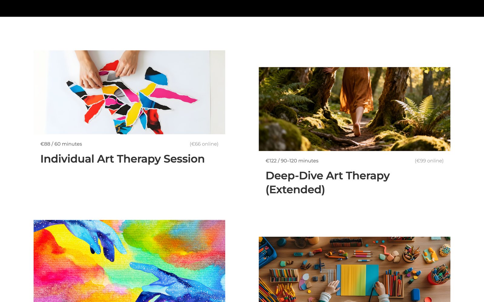 Anabell Art Therapy session catalogue with in-person and online prices