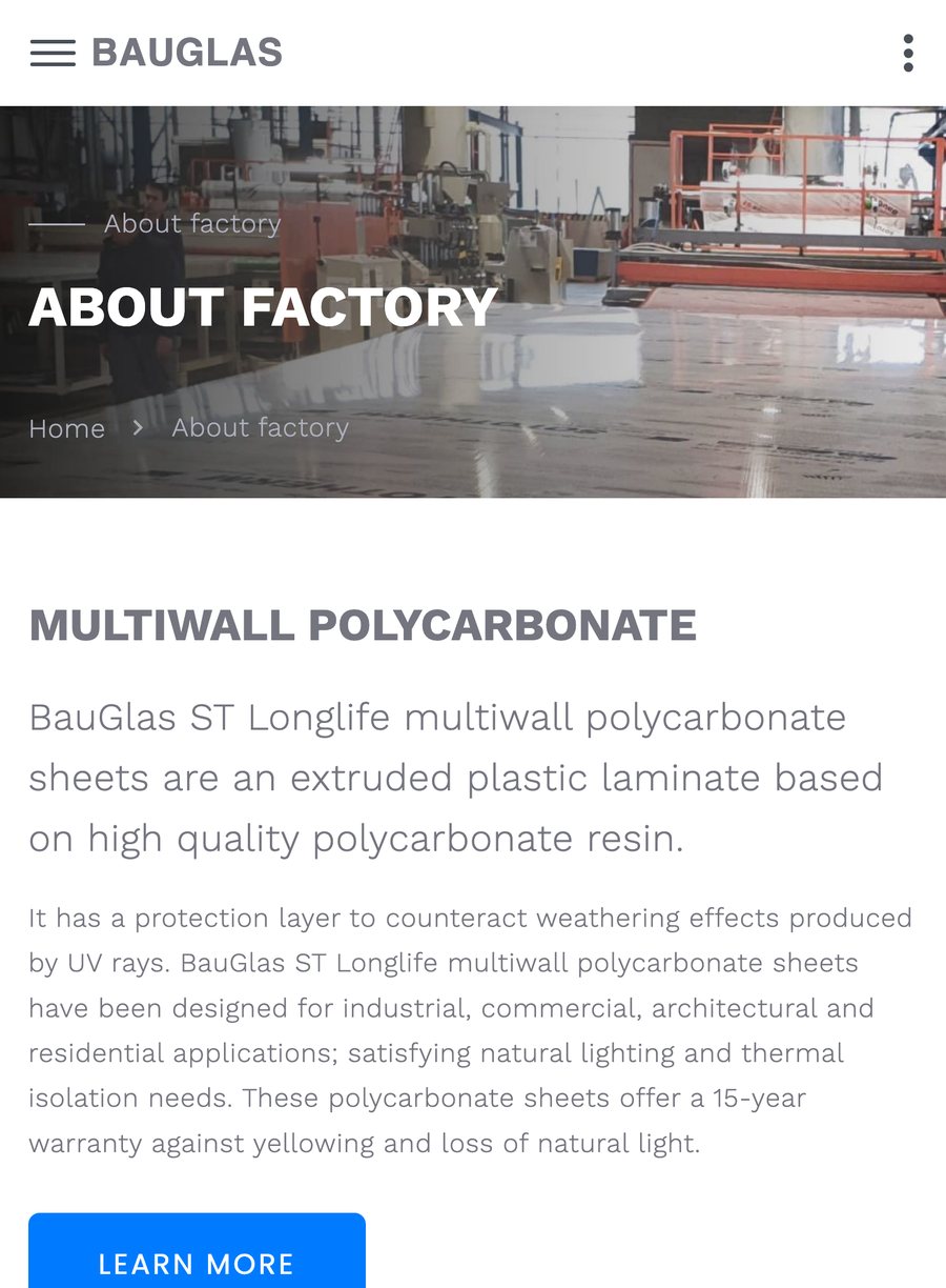 The About factory page on bauglas.eu on a phone
