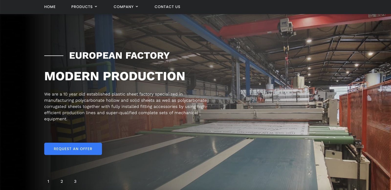 bauglas.eu home page: the “European factory — Modern production” slide with the factory floor