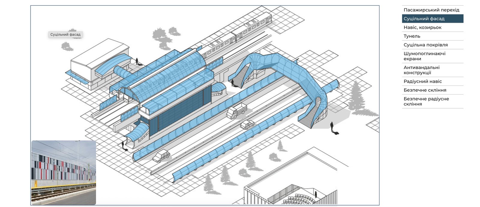 Railway station on the architects&rsquo; map: highlighted facade, a list of systems and a photo of a real facade