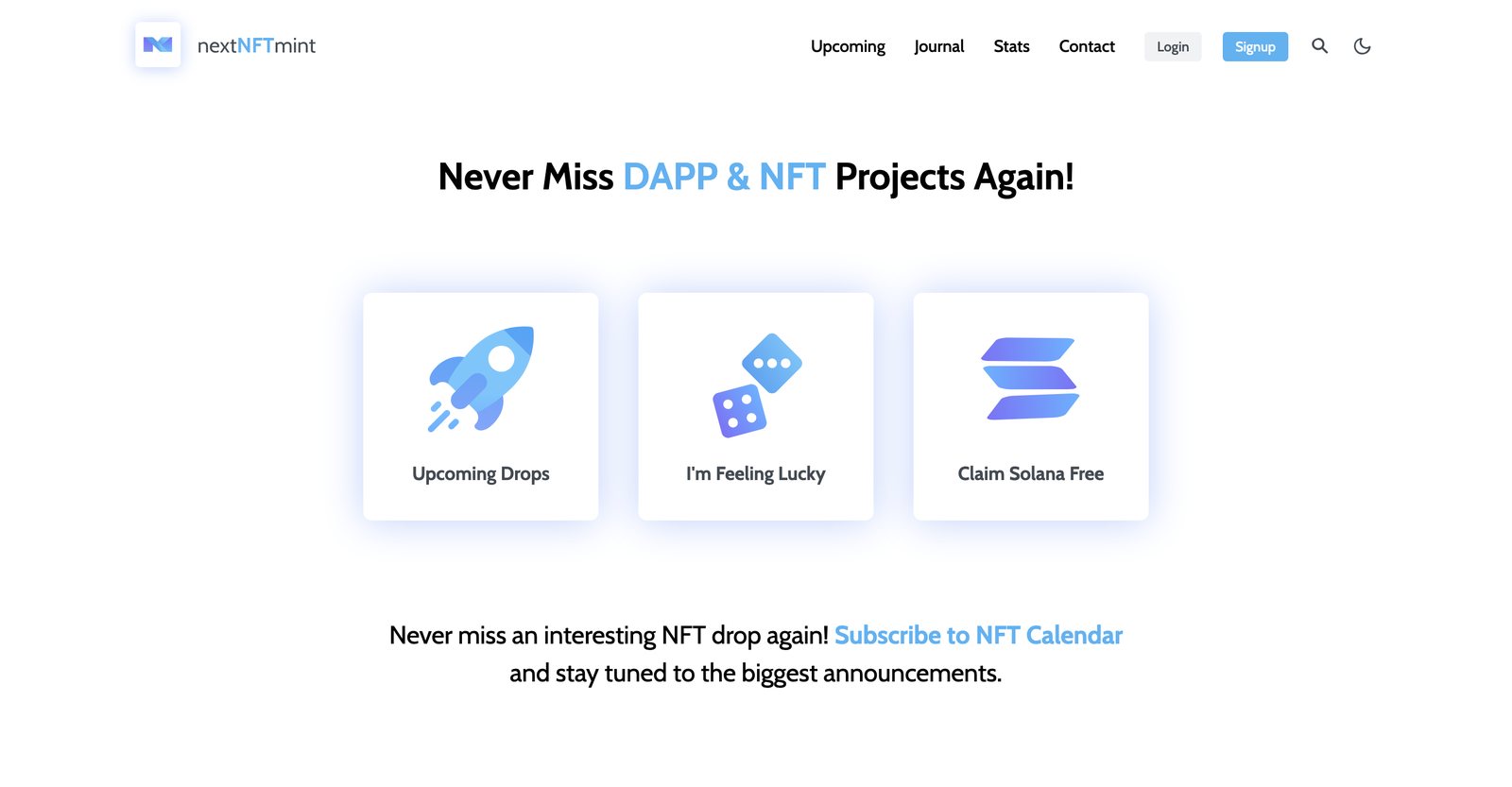 nextnftmint.com home page: Upcoming Drops, I&rsquo;m Feeling Lucky and Claim Solana Free