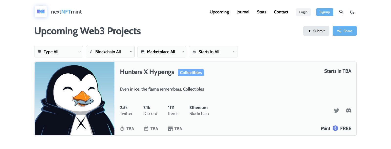 Upcoming Web3 Projects calendar with filters, a project card and Submit and Share buttons